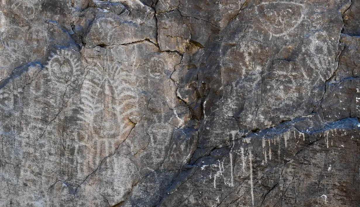 Foto lukisan batu di klaster seni cadas Gunung Zhuozi di Daerah Otonom Mongolia Dalam, China pada 17 Oktober 2020. Terletak di perbatasan Wuhai dan Ordos, Gunung Zhuozi adalah tempat dengan banyak lukisan batu yang berguna untuk penelitian tentang asal muasal nomad kuno di China. (Xinhua/Peng Yuan)