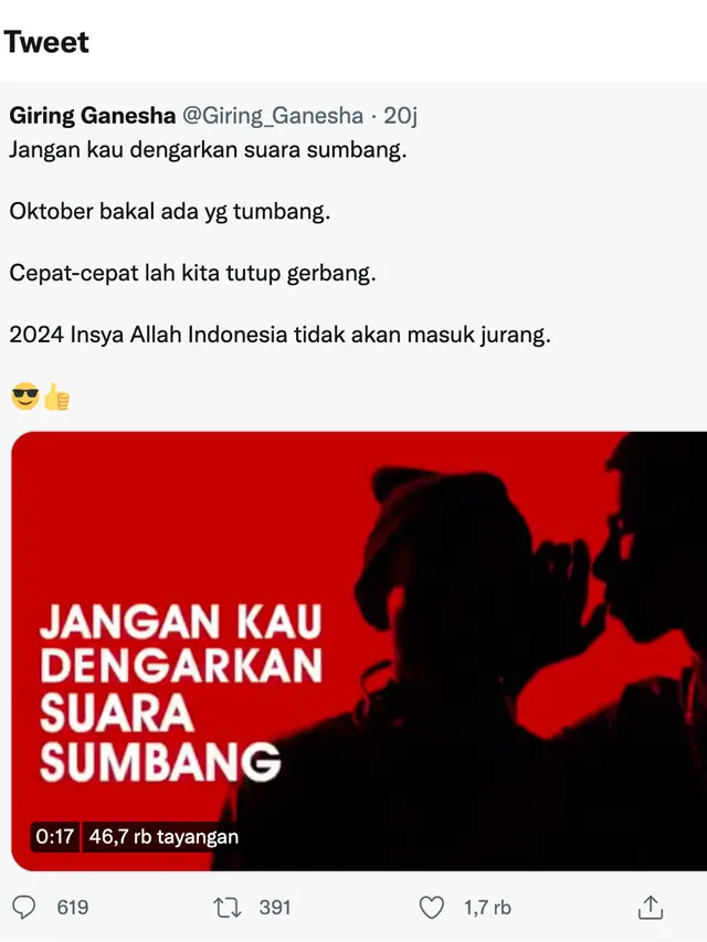 Unggahan Giring. (Foto: Dok. Twitter @giring_ganesha)