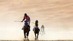 Para joki beraksi dalam lomba balap kuda Festival Moreeb Dune 2016 di gurun Liwa, 250 km barat Abu Dhabi. (AFP/Karim Sahib)