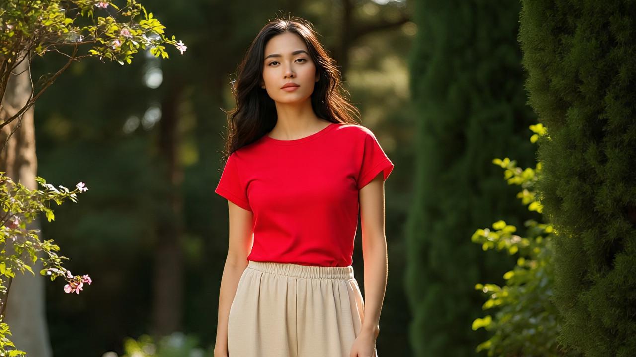 Ilustrasi Kaos Merah dengan Celana Beige