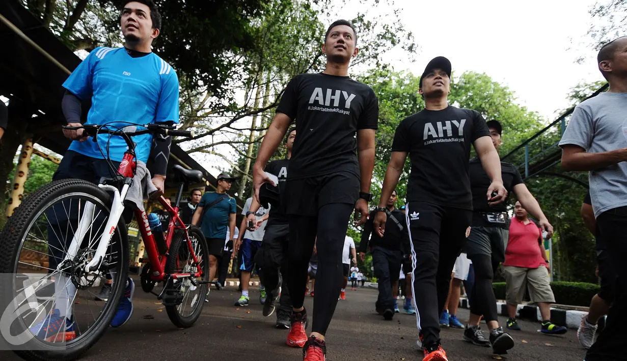 Bakal calon gubernur DKI Jakarta, Agus Harimurti Yudhoyono (tengah) berjalan santai bersama di Area Kebun Binatang Ragunan Jakarta, Minggu (9/10). Selain olahraga, AHY juga melakukan bersosialisasi dengan warga. (Liputan6.com/Helmi Fithriansyah)