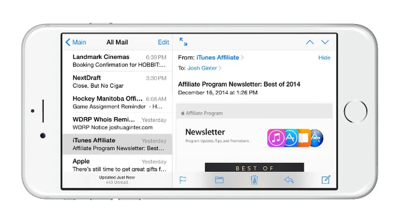 Tampilan e-mail landscape di iPhone 6