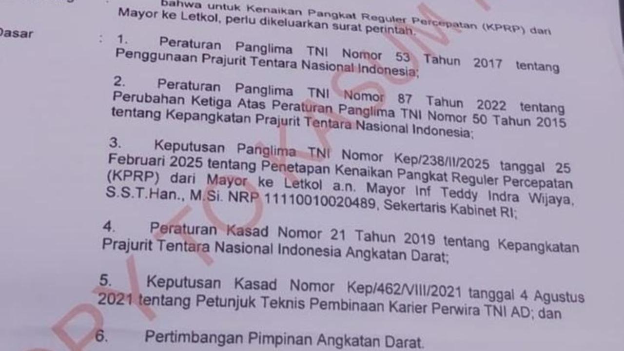 Surat Teddy Resmi Naik Pangkat dari Mayor Jadi Letkol