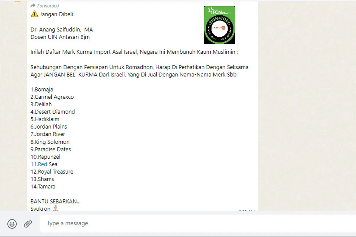 Tangkap layar  imbauan Dosen UIN Antasari Banjarmasin Anang Saifuddin tidak membeli kurma asal Israel