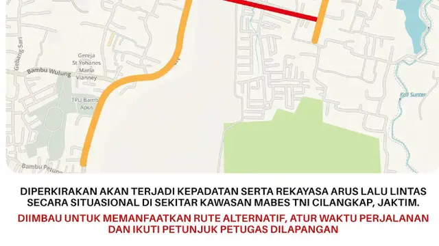 Peta potensi kepadatan lalu lintas di sekitar kawasan Mabes TNI Cilangkap, Jakarta Timur.
