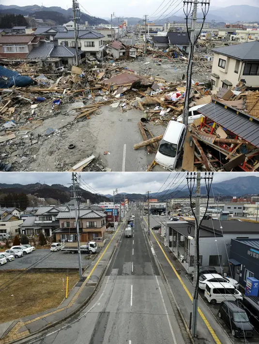 Foto kombinasi menunjukkan reruntuhan bangunan yang tersapu tsunami memblokir jalanan di Kota Ofunato, Prefektur Iwate, Jepang, pada 14 Maret 2011 (atas) dan kondisi jalanan yang sama hampir 10 tahun kemudian, pada 27 Januari 2021 (bawah). (AFP/Toshifumi Kitamura dan Kazuhiro Nogi)