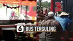Terekam kamera penumpang bus belakangnya. Bus terguling karena menghindara sepeda motor yang menyebrang jalan.