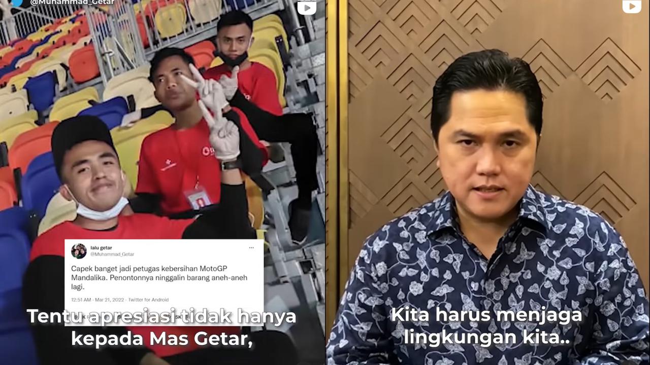 Cuplikan Saat Erick Thohir Berikan Pesan Soal Sampah pada Petugas MotoGP Mandalika dan Masyarakat. (Sumber: Instagram @erickthohir)