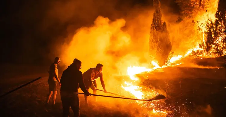 Warga setempat dan petugas pemadam kebakaran berjuang memadamkan kebakaran hutan di Deliblatska Pescara (Deliblato Sands), dekat desa Dubovac, sekitar 70 kilometer di timur laut Beograd, Serbia, Minggu, 9 Agustus 2026. (AFP/ Uros Arsic )