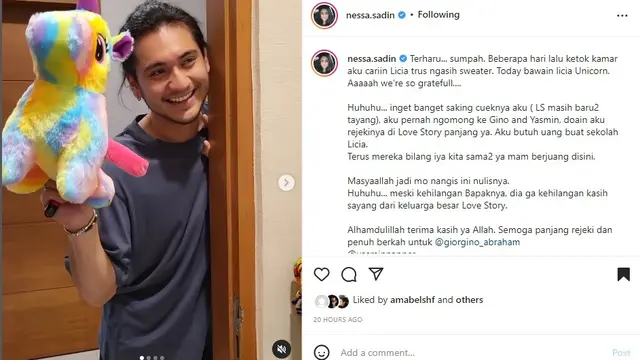 Giorgino Abraham beri hadiah untuk putri Almarhum Hilman Hariwijaya (Foto: Instagram/@nessa.sadin)