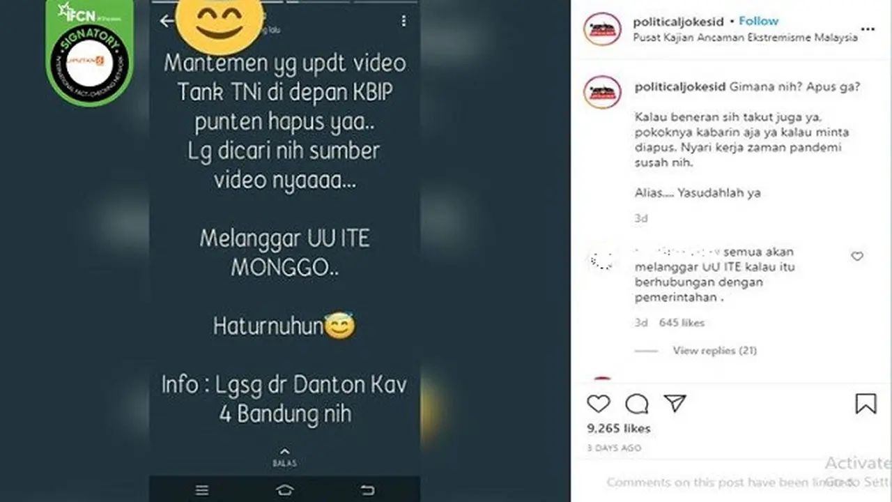 Gambar Tangkapan Layar Kabar Hoaks tentang Tank AMX-13 Menabrak Gerobak dan Motor di Saguling, Kabupaten Bandung Barat. (sumber: instagram)