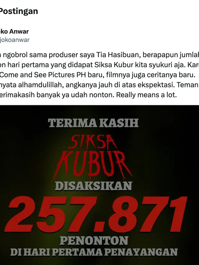Unggahan jumlah penonton film Siksa Kubur. (Foto: Dok. Twitter @jokoanwar)