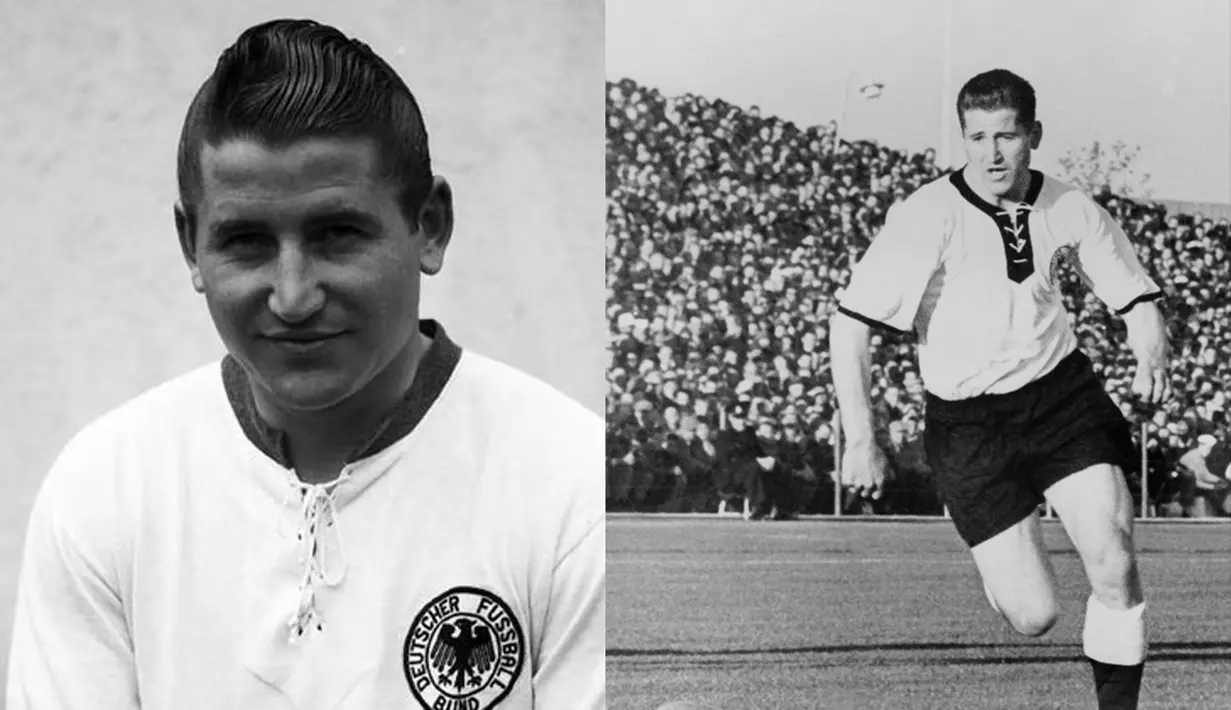 Helmut Rahn asal Jerman Barat. Ia mencetak 10 gol selama mengikuti Piala Dunia tahun 1954 dan 1958 (Istimewa)