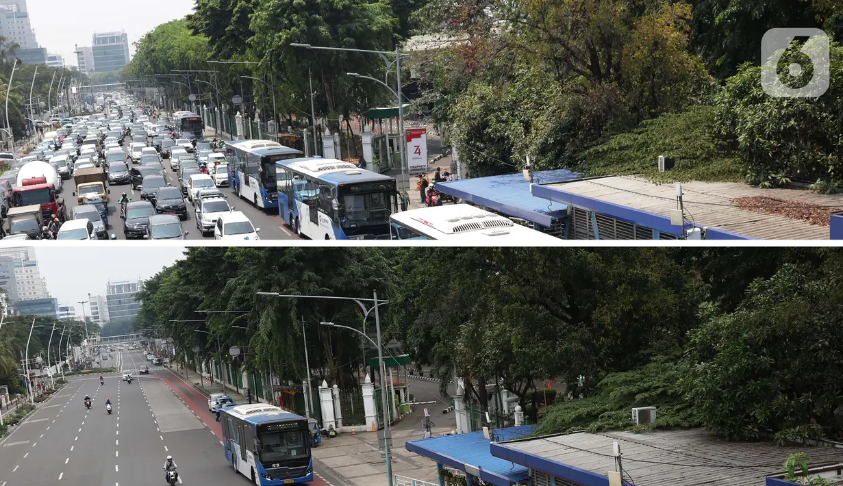 Foto atas menggambarkan suasana Jalan Medan Merdeka Timur, Senin (14/10/2019). Foto bawah dilokasi yang sama, Sabtu (18/04/2020). Lebih dari satu bulan Indonesia terkena pandemi Covid-19, per 18 April 2020 tercatat 6.248 kasus positif, 631 sembuh, 535 meninggal. (Liputan6.com/Helmi Fithriansyah)