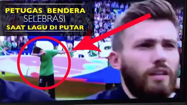 Video petugas pembawa bendera logo Piala Eropa 2016 melakukan selebrasi Dab Paul Pogba saat lagu kebangsaan Irlandia Utara diputar.