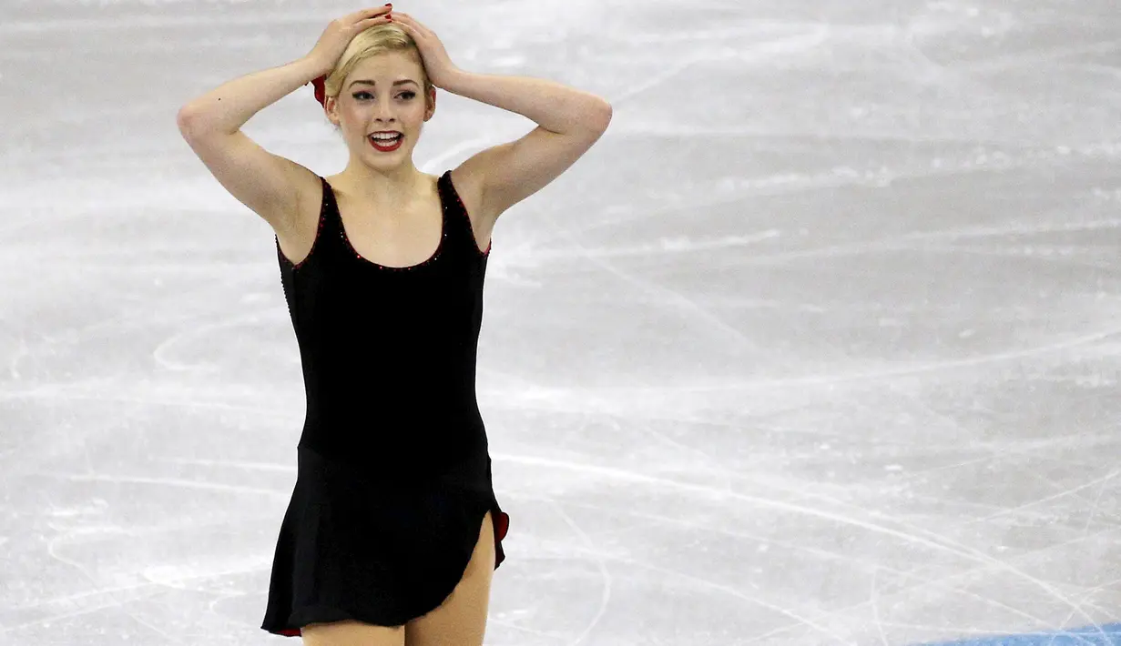 Ekspresi Gracie Gold atlet Ice Skating cantik asal Amerika Serikat usai menunjukan penampilannya di kejuaraan Ice Skating dunia, ISU Dunia Figure Skating Championships di Boston, Massachusetts, Amerika Serikat, (31/3). (REUTERS/Brian Snyder)