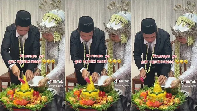 Viral Momen Pengantin Kesusahan Potong Tumpeng, Cara Akhirnya Bikin Ngakak
