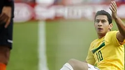 Reaksi dari gelandang Timnas Brasil Paulo Henrique Ganso pada laga perempat final Copa America melawan Paraguay di La Plata, 17 Juli 2011. AFP PHOTO/Maximiliano Failla