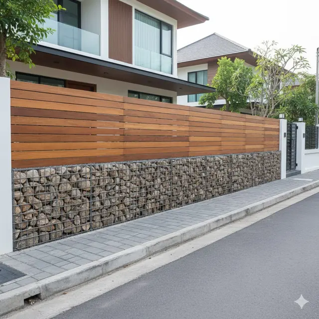 Kombinasi Batu Bronjong dan Kayu (Gemini AI)