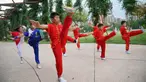 Anak-anak mempelajari seni bela diri selama liburan musim panas di Shahe, Provinsi Hebei, China utara, pada 9 Agustus 2020. (Xinhua/Mou Yu)