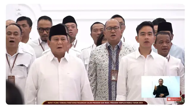 Prabowo Subianto-Gibran Rakabuming Raka menghadiri penetapan Presiden dan Wakil Presiden Terpilih oleh Komisi Pemilihan Umum Republik Indonesia (KPU RI) pada hari ini, Rabu (24/4/2024).