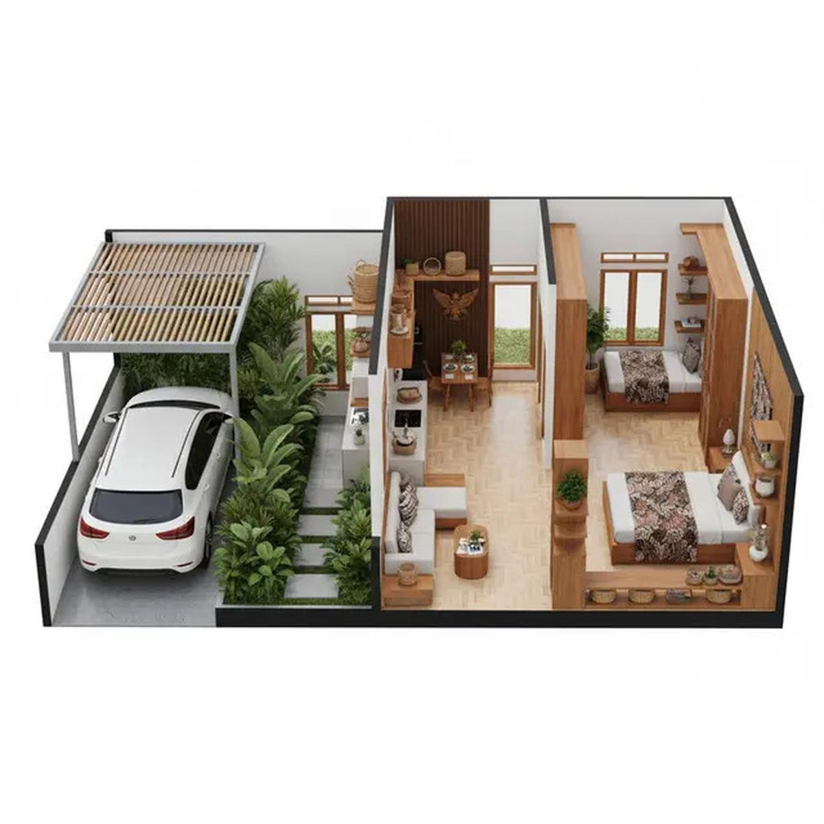 10 Denah Rumah Tipe 36 dengan Carport dan Taman Depan, Minimalis Modern
