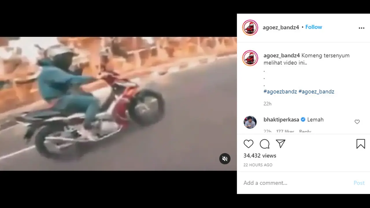akun Instagram @agoez_bandz4. Dalam video tersebut terlihat seorang pengendara motor sport secara tiba-tiba dikagetkan dengan pengendara motor bebek di sebelah kiri jalan.