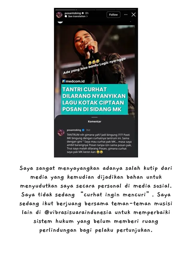 Pernyataan sikap Tantri Kotak. (Foto: Dok. Instagram @tantrisyalindri)