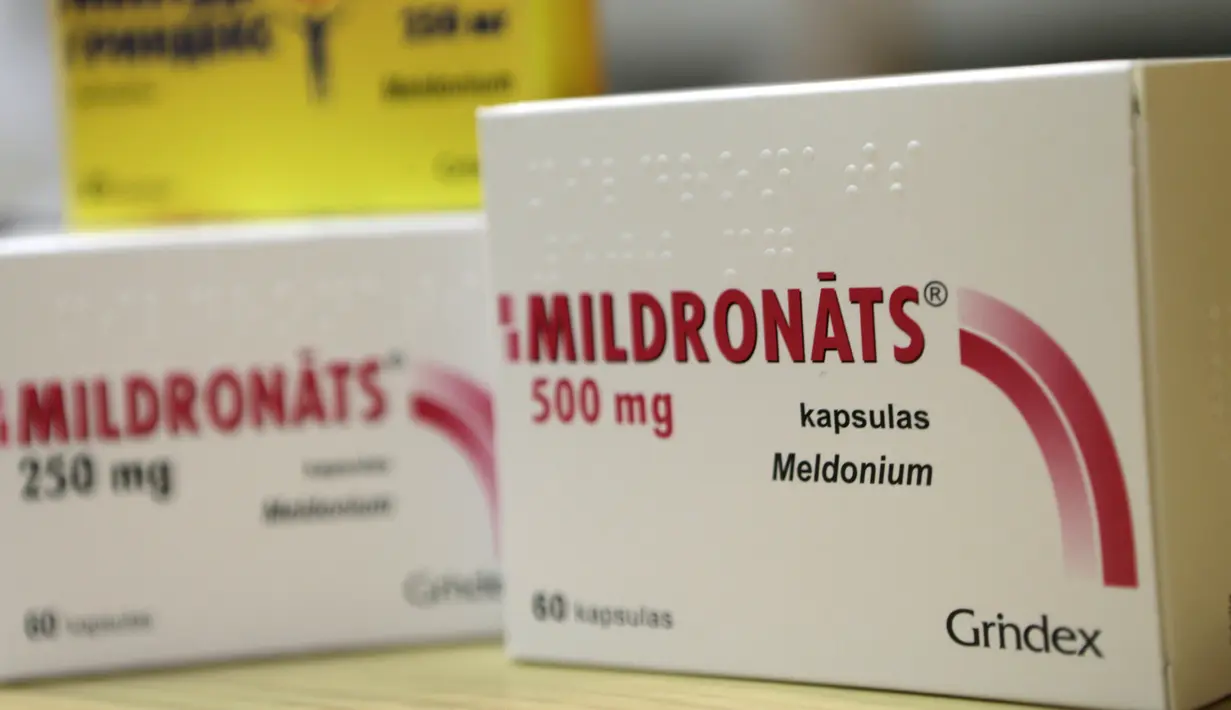 Obat jenis Mildronate (Meldonium) di sebuah apotek di Saulkrasti, Latvia, Rabu (9/3/2016). Meldonium memang banyak digunakan di Rusia dan tidak disarankan badan pengawas obat-obatan dan makanan untuk digunakan di Amerika Serikat. (REUTERS/Ints Kalnins)