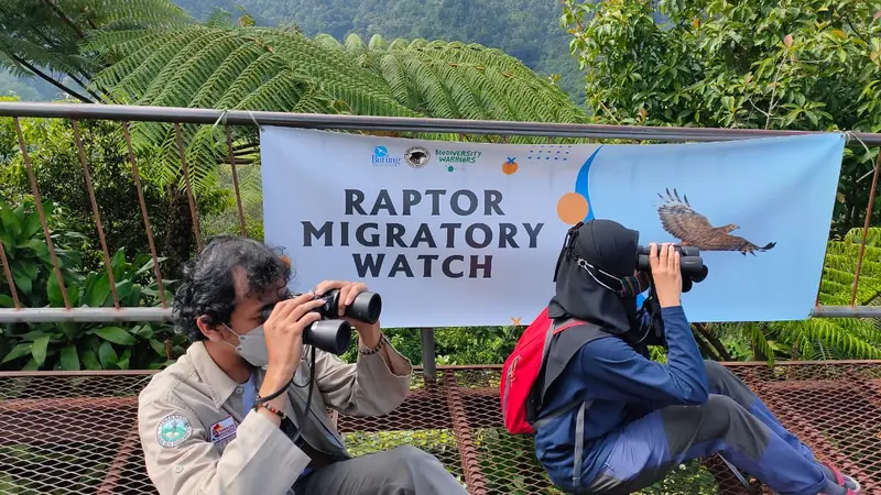 Biodiversity Warriors Yayasan KEHATI bersama Burung Indonesia mengamati jenis burung pemangsa (raptor) yang bermigrasi melintasi kawasan Puncak Bogor Jawa Barat, Sabtu 30 Oktober 2021. (Foto: Kehati)