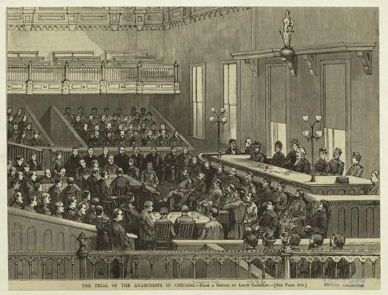Persidangan kasus Kerusuhan Haymarket (Haymarket Riot) di Amerika Serikat yang melatarbelakangi Hari Buruh (Wikipedia/Public Domain)