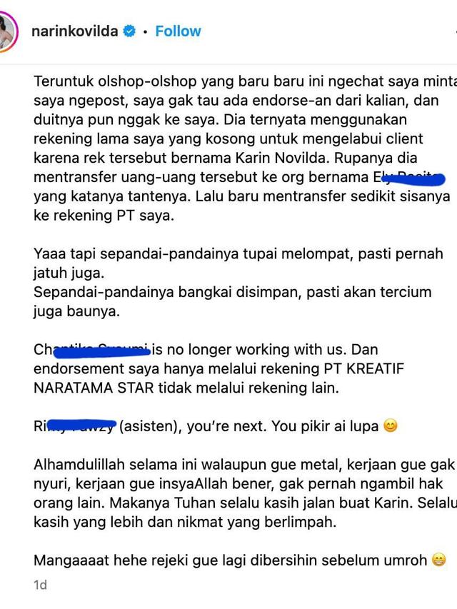 Unggahan Awkarin. (Foto: Dok. Instagram @narinkovilda)