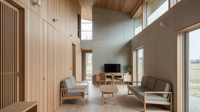 Inspirasi Rumah Semi Kayu dengan Dinding Semen Ekspos yang Adem (AI)