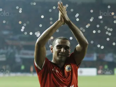 Striker Persija, Bruno Lopes, melakukan selebrasi usai mencetak gol ke gawang Bhayangkara FC pada laga Liga 1 di Stadion Patriot Bekasi, Jawa Barat, Sabtu (29/7/2017). Persija menang 1-0 atas Bhayangkara FC. (Bola.com/M Iqbal Ichsan)