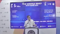 Menparekraf Sandiaga Uno di Weekly Press Briefing, 15 Agustus 2022.&nbsp; (Liputan6.com/Henry)