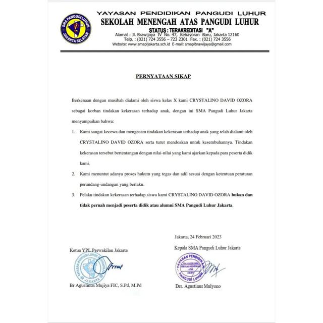 Klarifikasi SMA Pangudi Luhur Jakarta terkait status David Latumahina dan Mario Dandy Satriyo. (Foto: Dok. Instagram @smapangudiluhur)