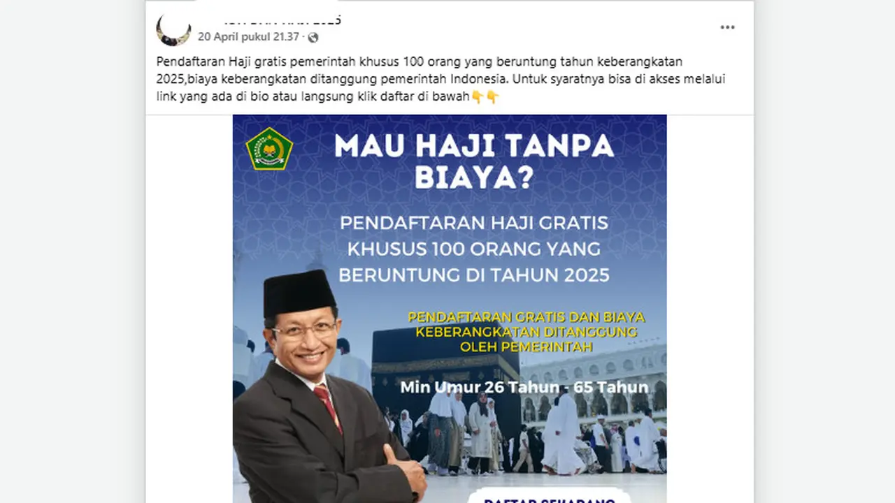 Tangkapan layar klaim link pendaftaran haji gratis dari pemerintah.