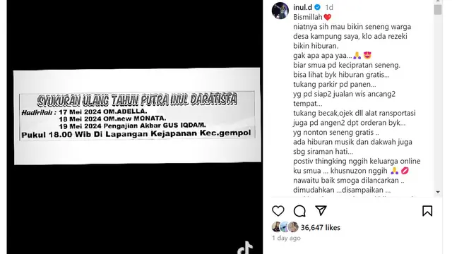 Pengumuman Pesta Ultah Anak Inul Daratista pada Mei 2024