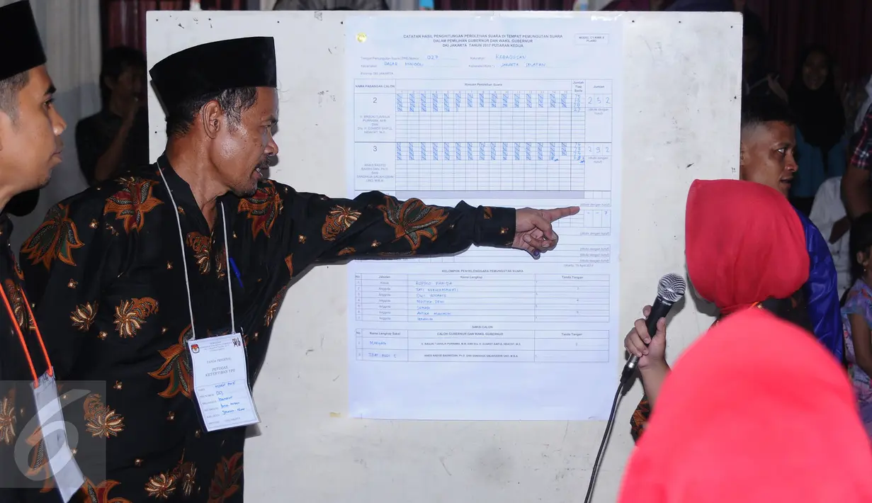 Petugas KPPS menunjuk hasil penghitungan surat suara Pilkada DKI Jakarta putaran 2 di TPS 027, Kebagusan, Jakarta, Rabu (19/4). Pasangan Anis Baswedan-Sandiaga Uno unggul 292-252. (Liputan6.com/Helmi Fithriansyah)