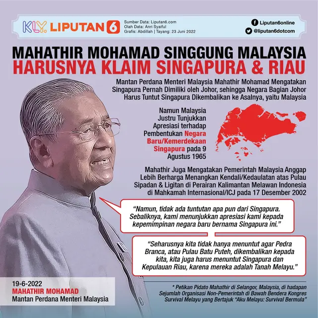 Infografis Mahathir Mohamad Singgung Malaysia Harusnya Klaim Singapura dan Riau. (Liputan6.com/Abdillah)