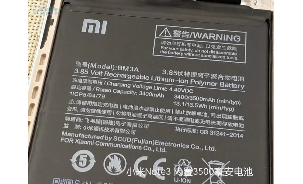 	Detail baterai yang digunakan pada Mi Note 3 (Sumber: Gizmochina)
