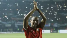 Striker Persija, Bruno Lopes, melakukan selebrasi usai mencetak gol ke gawang Bhayangkara FC pada laga Liga 1 di Stadion Patriot Bekasi, Jawa Barat, Sabtu (29/7/2017). Persija menang 1-0 atas Bhayangkara FC. (Bola.com/M Iqbal Ichsan)