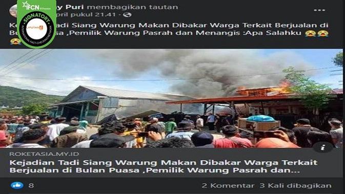 Gambar Tangkapan Layar Foto yang Diklaim Warung Makan Dibakar Warga karena Buka Saat Bulan Puasa (sumber: Facebook).
