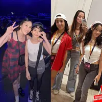 Nia Ramadhani hadir bersama putrinya. Nia tampil mengenakan setelan denim dari atasan crop dan celana cargo dan kalung emas model besar. Mikhayla tampil dengan outer merah bergaya baseball senada dengan celana pendek, dipadukan kemben putih sebagai inner dan cap putih. [@ramadhaniabakrie]