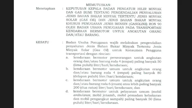 Surat BPH Migas soal pembatasan pembelian BBM subsidi.