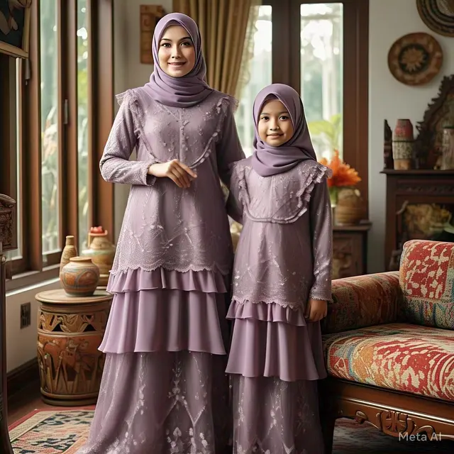 Gamis Brokat Layered dengan Ruffle (Foto: Rizka Nur Laily via Meta AI)