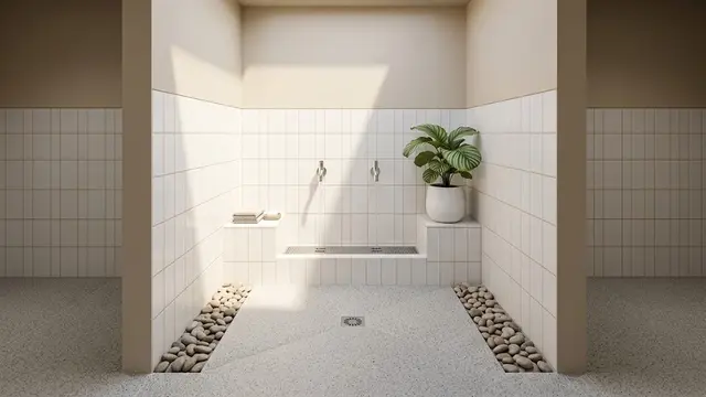 Tempat Wudhu Minimalis dengan Skylight dan Batu Koral