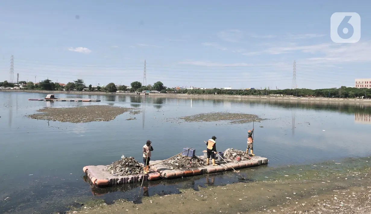 Petugas UPK Badan Air Dinas Lingkungan Hidup Provinsi DKI Jakarta membersihkan sampah di Danau Cincin, Papanggo, Jakarta Utara, Selasa (28/1/2020). Pembersihan sampah yang berasal dari pemukiman sekitar tersebut rutin dilakukan guna menjaga danau tetap bersih dan nyaman. (merdeka.com/Iqbal Nugroho)