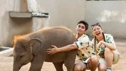 Bersama sang kekasih, Alshad Ahmad bercanda dengan anak gajah. Tiara Andini, sampai terpingkal-pingkal melihat tingkah Alshad yang ingin memeluk gajah tersebut. (Foto: Instagram/@alshadahmad)