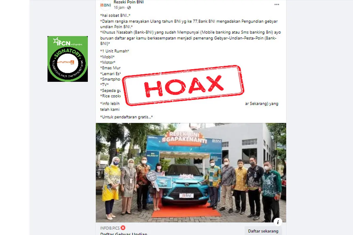 Tangkapan layar salah satu hoaks yang mencatut BNI